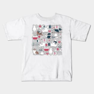 Veterinary medicine, happy and healthy friends // grey background red details navy blue white and brown cats dogs and other animals Kids T-Shirt